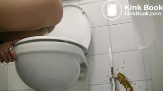 Girl diarrhea on floor of gas station toilet