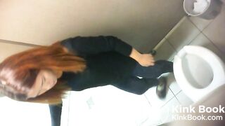 Chinese girl taking poop in the toilet