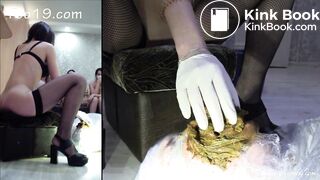 Christina and lera shit in slave mouth.