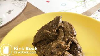 A blonde girl shit then scrutinized it.