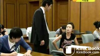 korean girl is holding up diarrhea in test stie