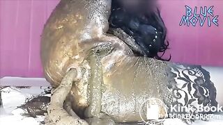 Dark haired teen masturbating with fresh shit