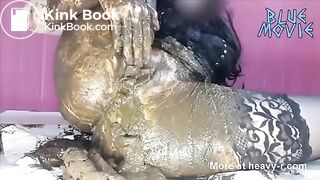 Dark haired teen masturbating with fresh shit