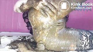 Dark haired teen masturbating with fresh shit