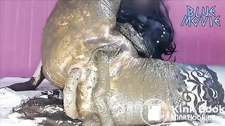 Dark haired teen masturbating with fresh shit