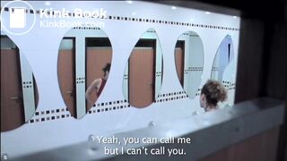 A girl takes a poop in the toilet