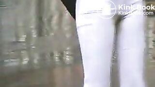 Sandra poops her white pants in the city