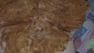 Guy smears shit over his cock and his chubby girlfriend