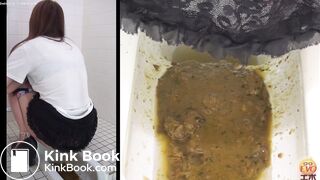 2 Japanese girls diarrhea in floor toilet.