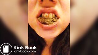 Pig chews and swallows her own shit.