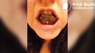 Pig chews and swallows her own shit.