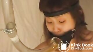 Petite human toilet girl being used