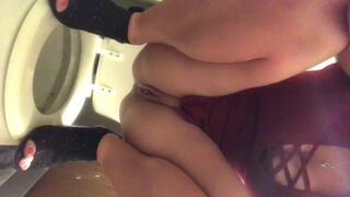 Girl squats over a toilet and poops