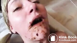 A lot of poop in her opened mouth