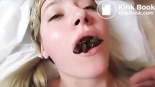 A lot of poop in her opened mouth