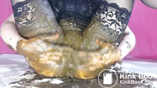 Smearing saved shit and fresh shit and stuffing it in