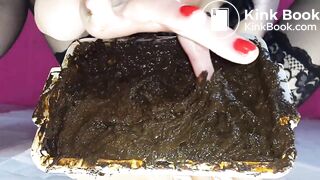 Smearing saved shit and fresh shit and stuffing it in