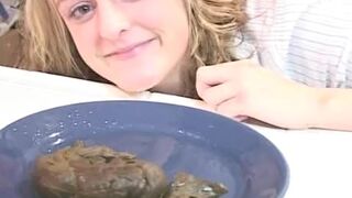 Blonde teen poops on a plate