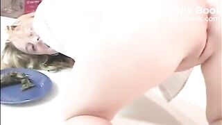Blonde teen poops on a plate