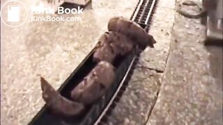 Girl shitting on a model train