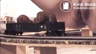 Girl shitting on a model train