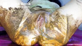 Fishnet pantyhose shitting and toying - video 2