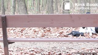 Anni pooping on a bench