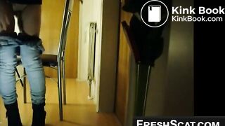 lady shits a huge thick long turd in guys mouth