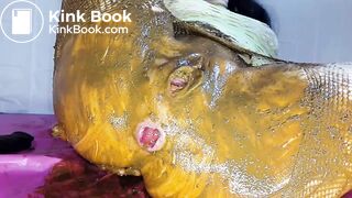 Fishnet pantyhose shitting and toying