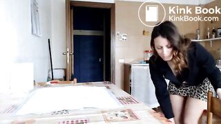 Beautiful woman poops in kitchen