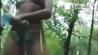 Girl in bikini shitting in the forest