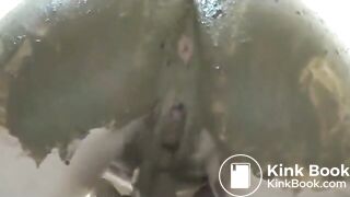 Hot blonde girl pooping and smear her shit on body in bed(No Sound)