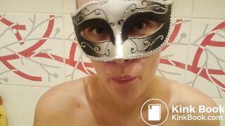 Very hot blonde woman swallows her own shit in the bathtub.