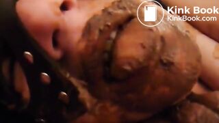 Licking brown shit from her hands