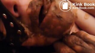 Licking brown shit from her hands