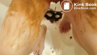 Sucking cock while being smeared in shit