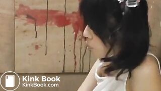 Asian pooping in bathroom