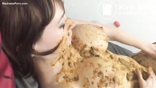 Attractive woman with fake tits rubs in scat