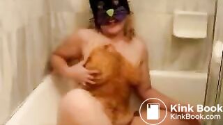 Masked blonde eats scat