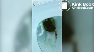 Woman shitting public toilet at restaurant.