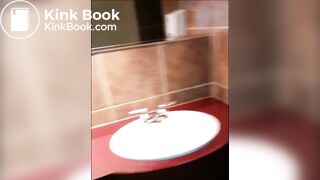 Woman shitting public toilet at restaurant.
