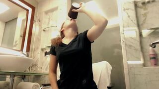 Girl shits in cup and tastes