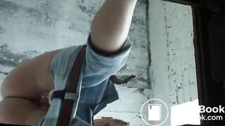 Girl has a diarrhea in the street toilet