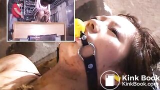 Clothed women pissing and shitting on a naked bounded girl with a gag in her mouth