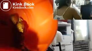 Really cute girl drills her dirty ass in a shop
