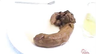 Girl eats, then shits with a nice straining expression on her face