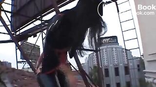 two sexy mistresses are pooping on a chubby slave