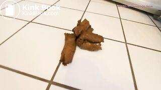 Woman pooping in ftont of the fridge