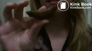 Blonde housewife tasting fresh poop