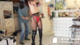 Sub chained with tits to the ceiling, fucked with dildo, dirty dildo ATM